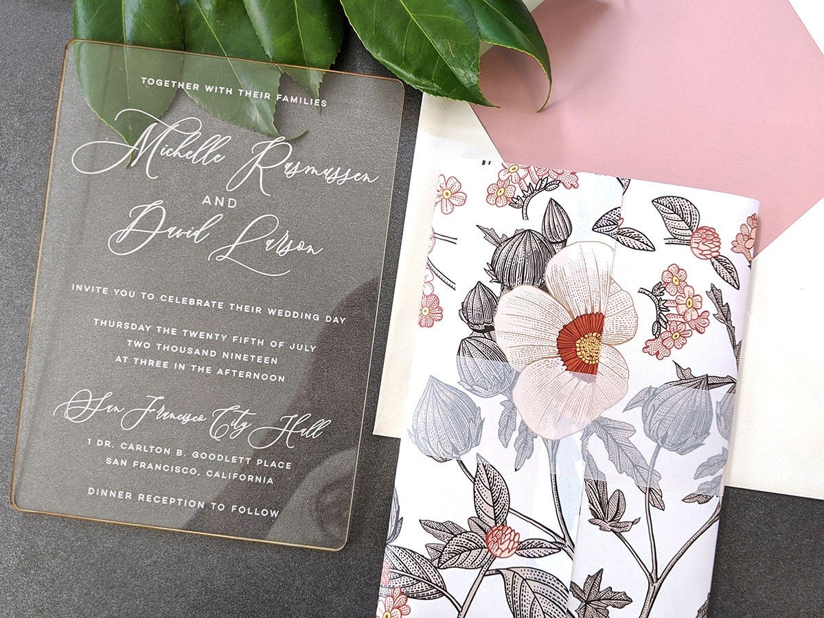 Clear Acrylic Wedding Invitation with Floral Liner and Blush Colors