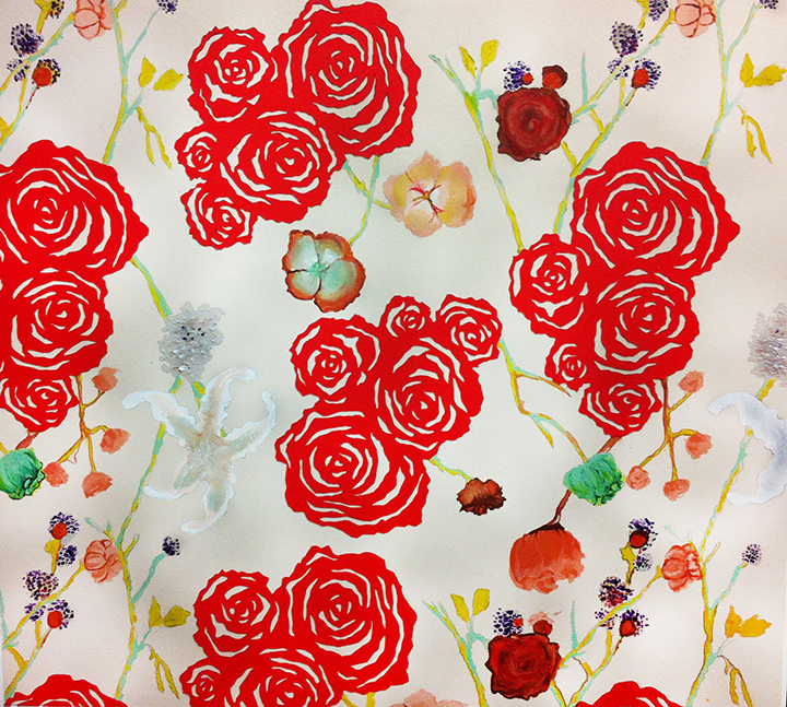 Repeat Pattern Design. Red roses are hand cut paper stencils, plants and flowers are painted in acrylics, and colored pencils. 18X19 in. Inspiration was to discover a way to mix a big bold poppy red 2D flower and dominant color with a neutral background and very light pastel colored and natural realistic flowers and plants together and still have each part of the pattern stand out and work together cohesively.