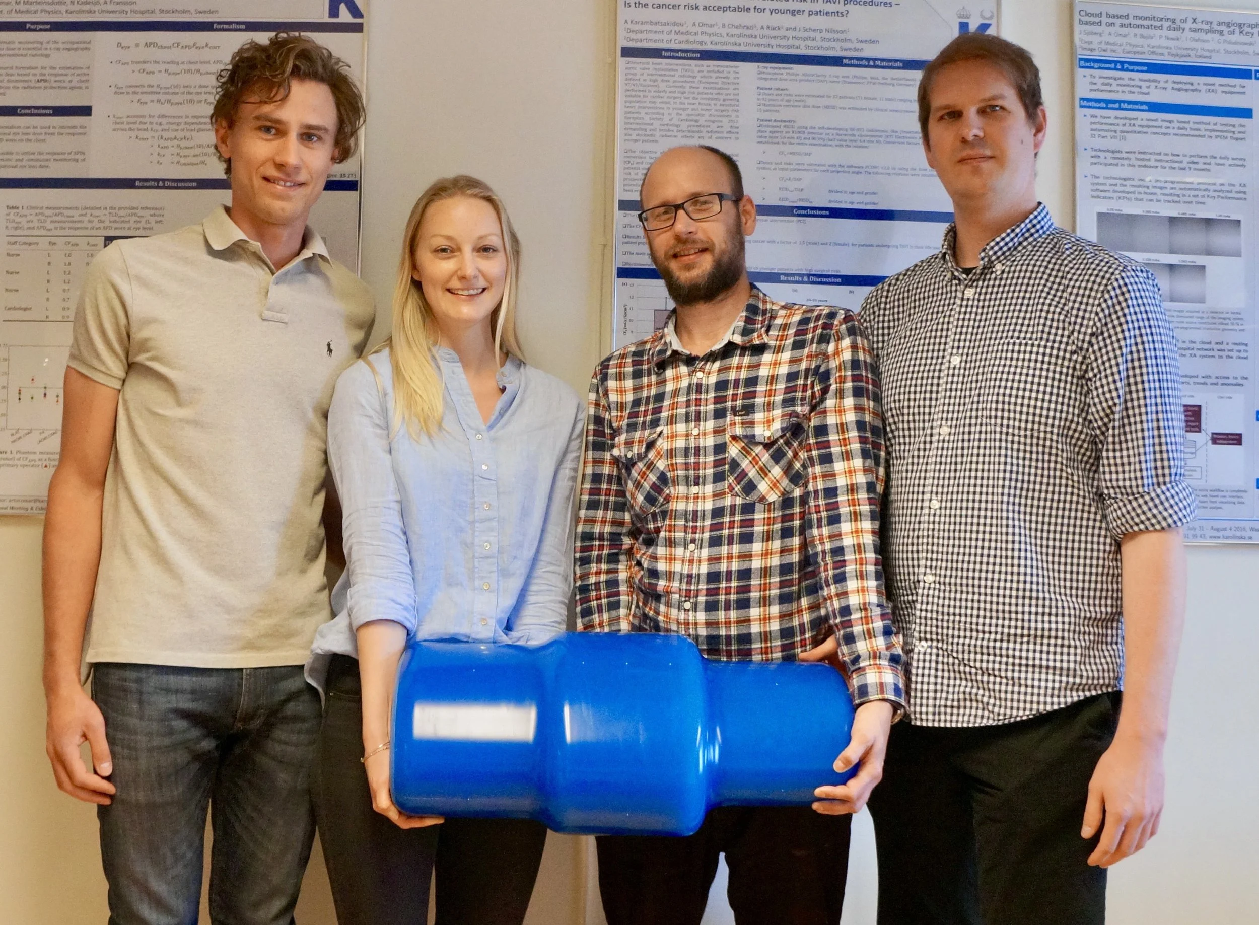 (from left) Patrik Nowik, Deborah Merzan, Gavin Poludniowski, and Robert Bujila with the Karolinska ATCM Phantom