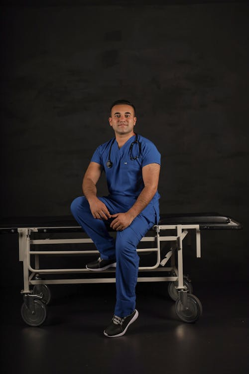 A doctor wearing custom scrubs.