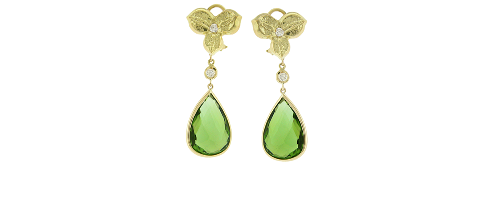  3 Petal Earrings with Natural Color Kashmiri Peridot and Diamonds 