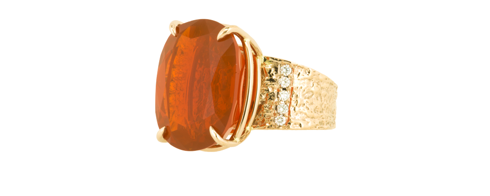  Mimosa Bark Ring with Natural Color Cherry Mexican Fire Opal and Diamonds 