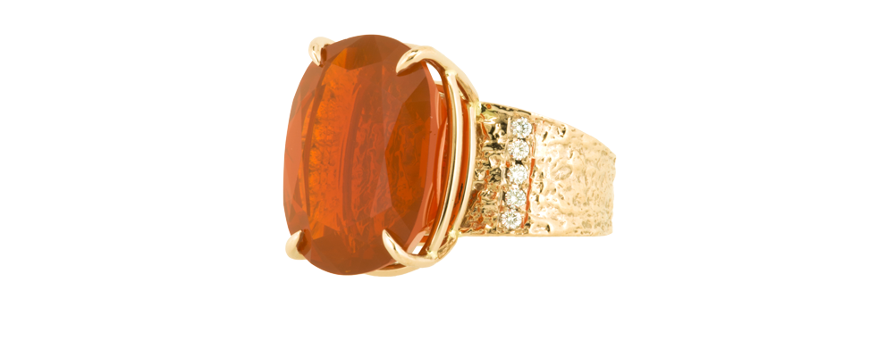 Mimosa Bark Ring with Natural Color Cherry Mexican Fire Opal and Diamonds