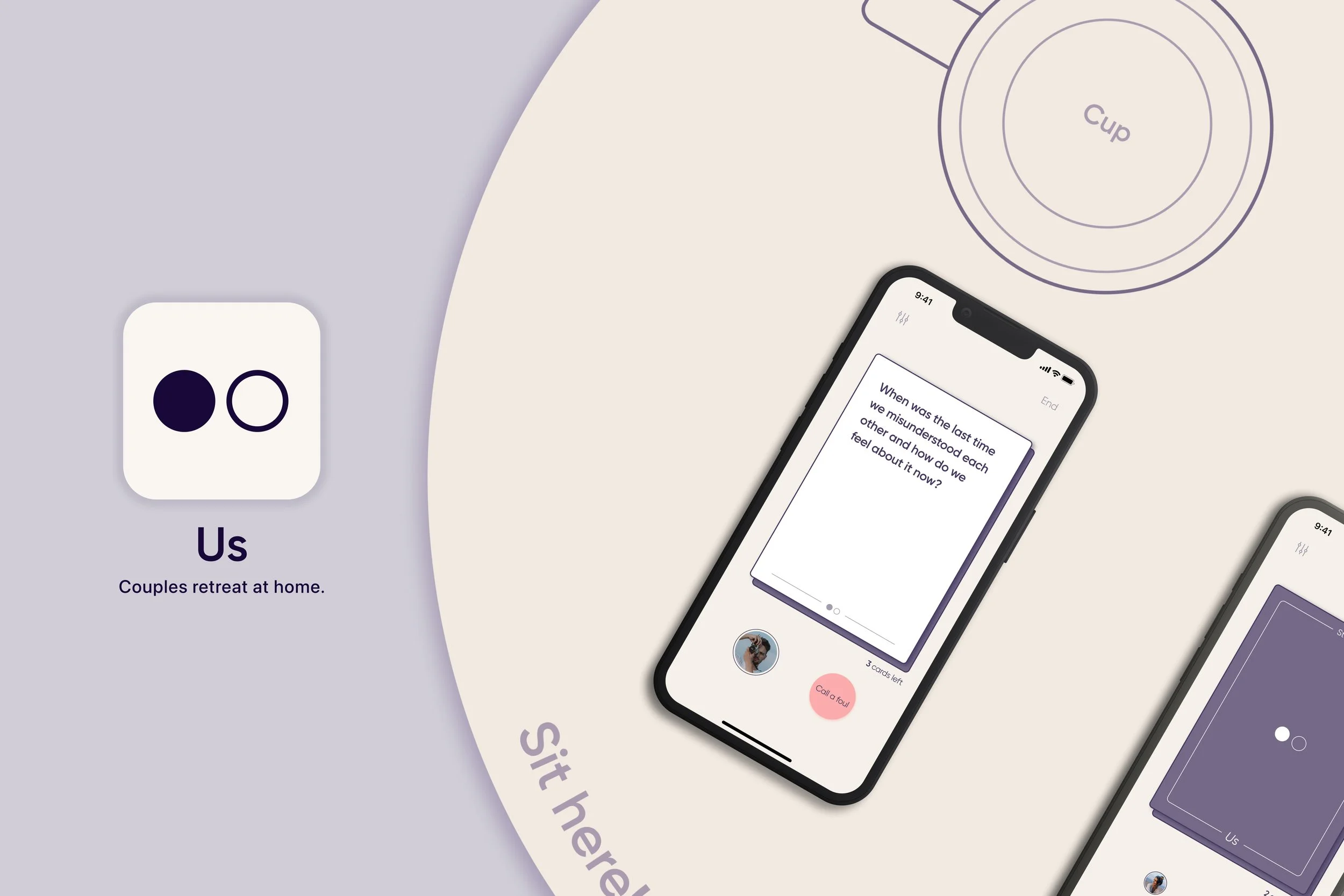 Illustration of Tien-Wei Ho's app for couples on a smartphone sitting on an off-white table with lilac background.