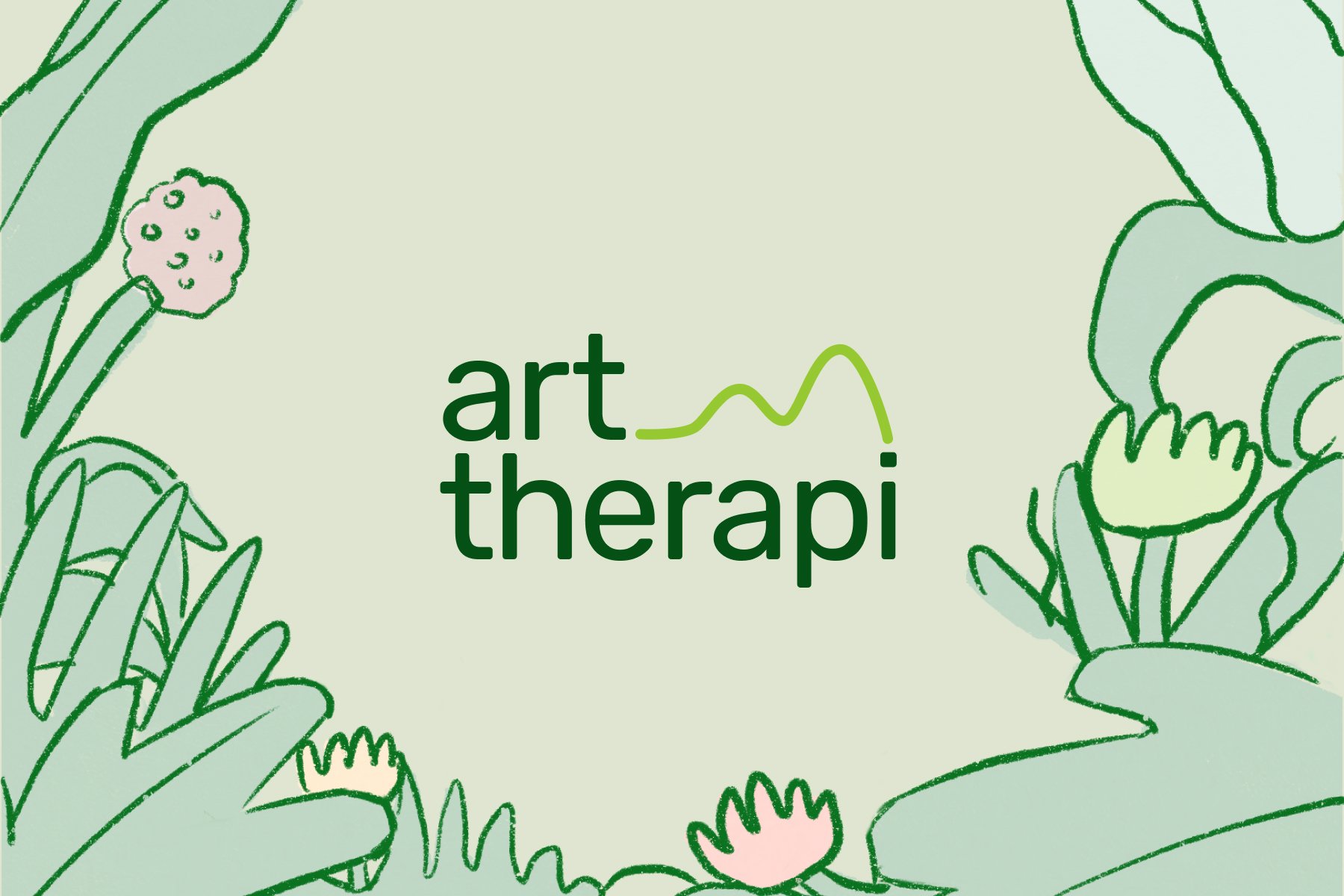 Cyan Guan's Art Therapi logo in green type with illustration of plants in background on light green background