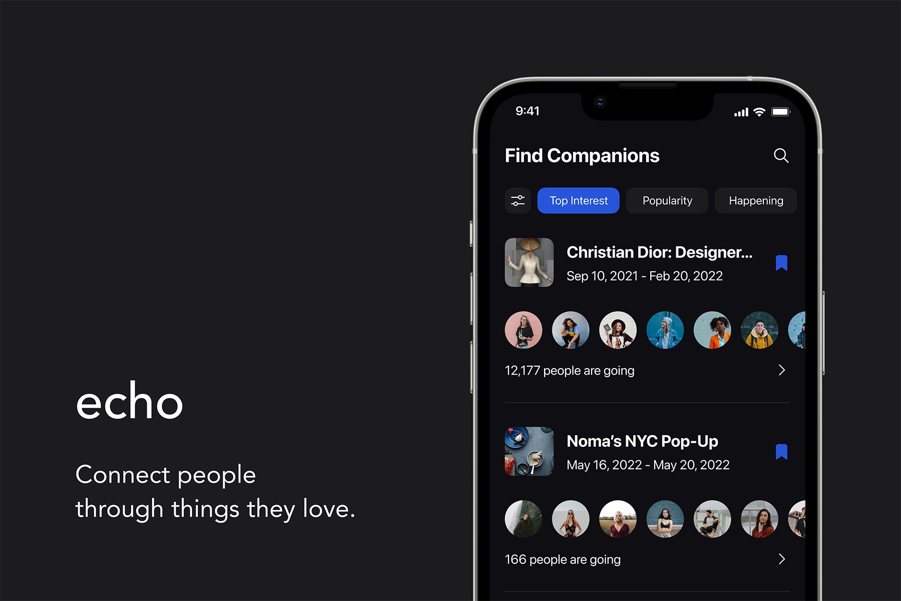 Wenxiao Wang's echo app screen with a one-liner description of "echo: Connect people through things they love."