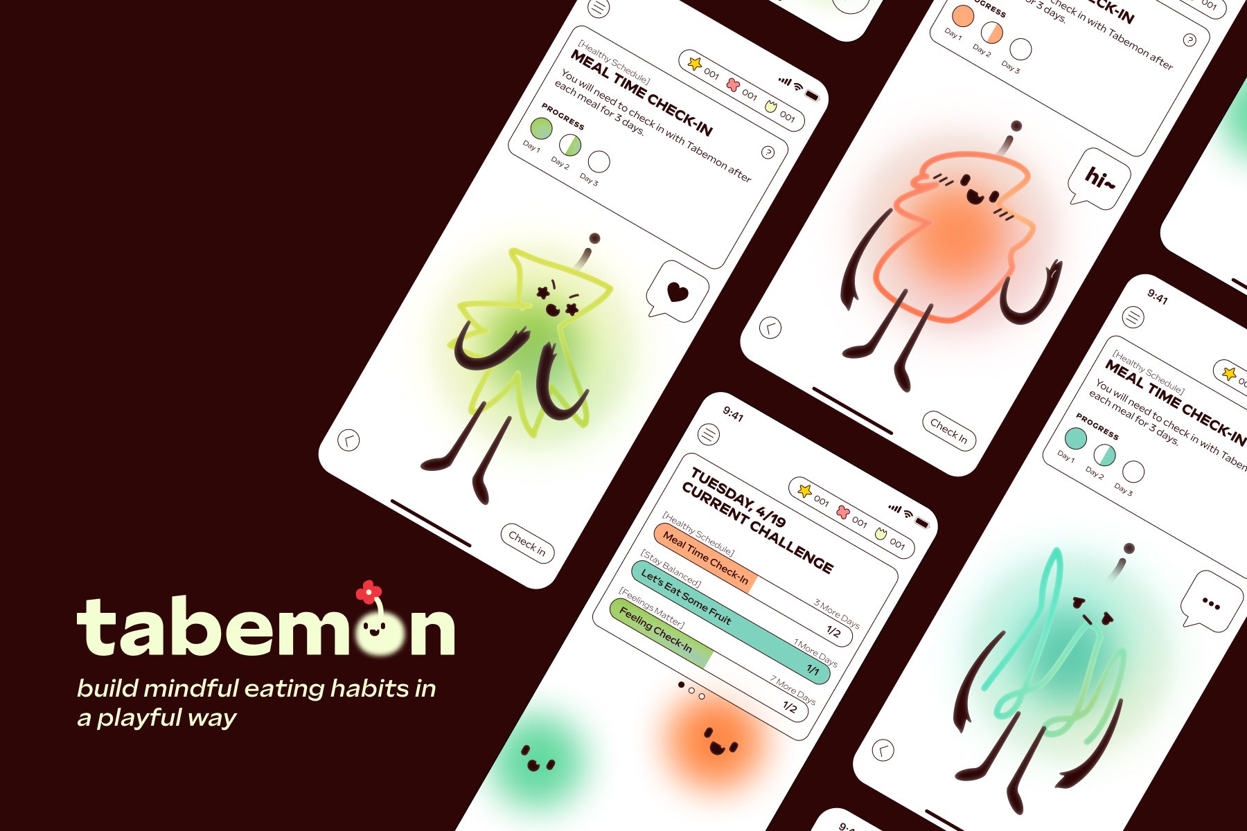 Solid dark brown background with Tabemon wordmark in light mint color. The subheading reads "build mindful eating habits in a playful way." There are four UI designs for the tabemon app.