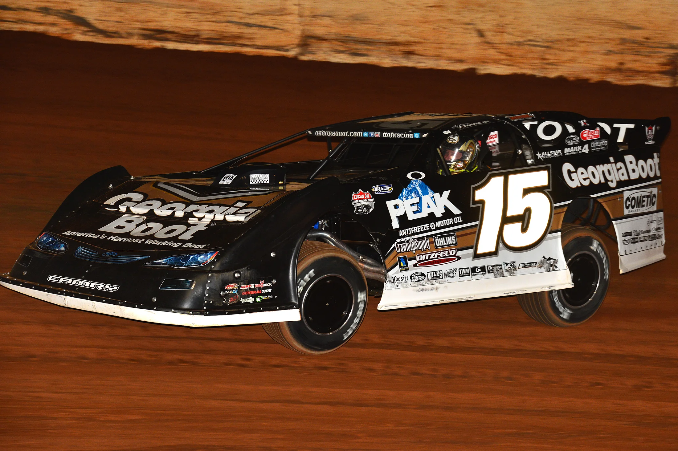 Steve Francis' 2014 Georgia Boot/Peak Auto Clint Bowyer Racing #15. Rick Schwallie Photo (OFK designed this car. DirtWrap handled the production)