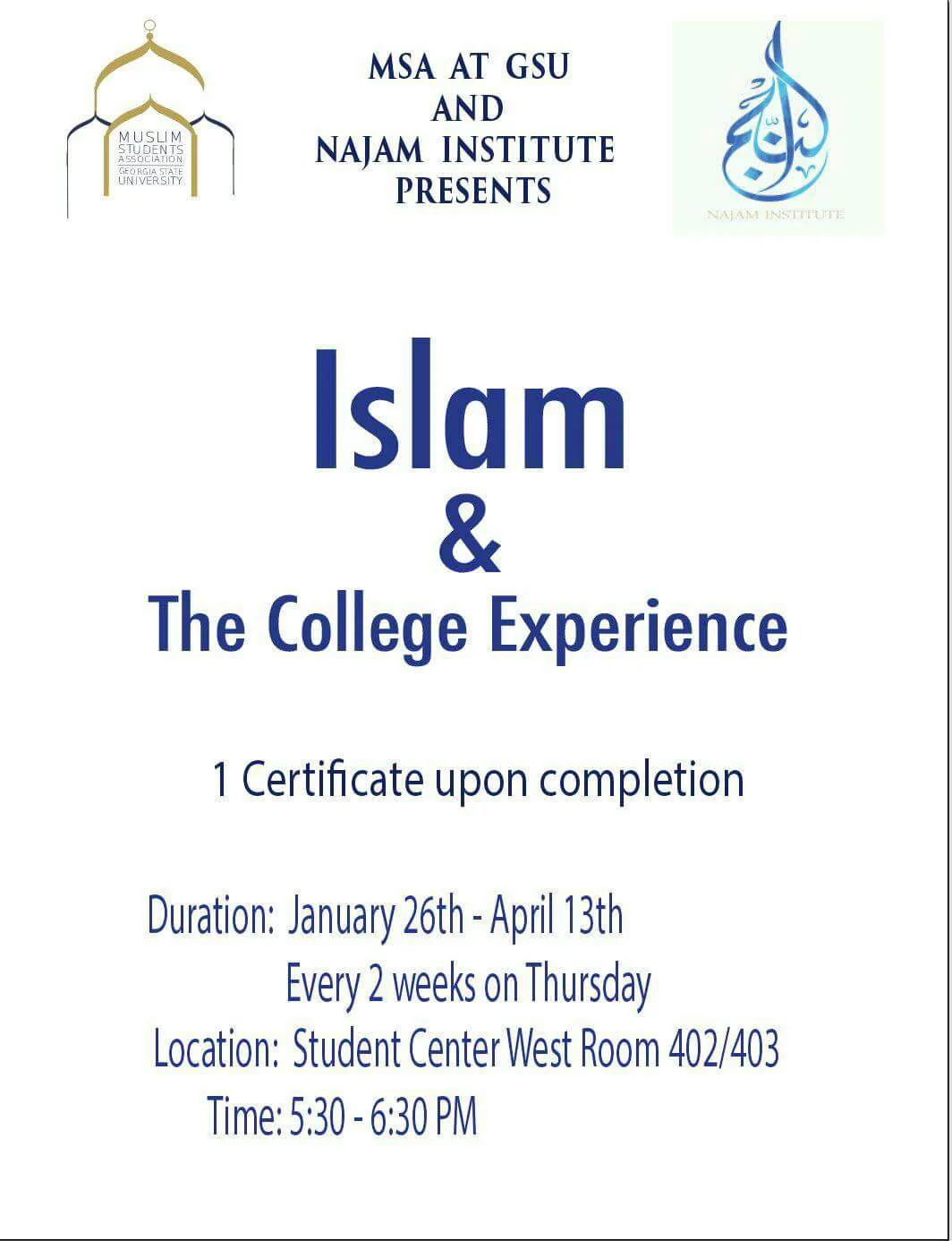We hope everyone is having an excellent start to the new semester InshaAllah ! Don't forget to partake in the Islam and the College Experience classes starting on January 26th