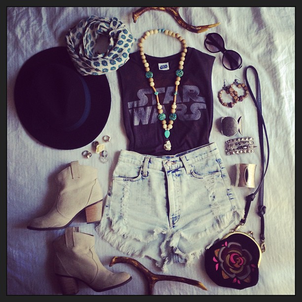 Tee, hat & scarf: Forever21 | Shorts: A'gaci | Booties: TJMaxx | Necklace & rings: Her Sister's Closet | Purse: Gifted from a friend | Bracelets & earrings: my old jewelry archive box