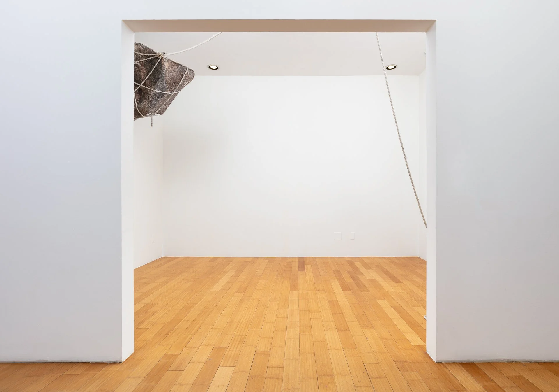 Enduring Gravity (installation detail) paper mâché, rope, wood, hardware, graphite on paper Dimensions variable 2025
