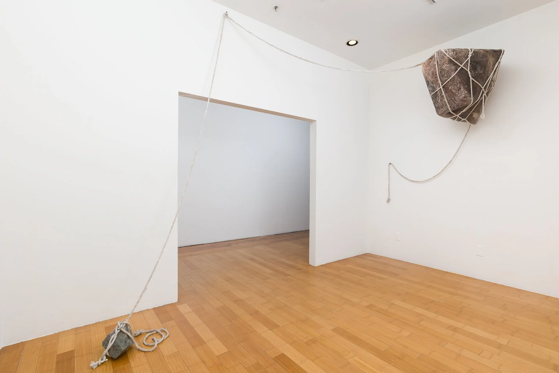 Enduring Gravity (installation detail) paper mâché, rope, wood, hardware, graphite on paper Dimensions variable 2025