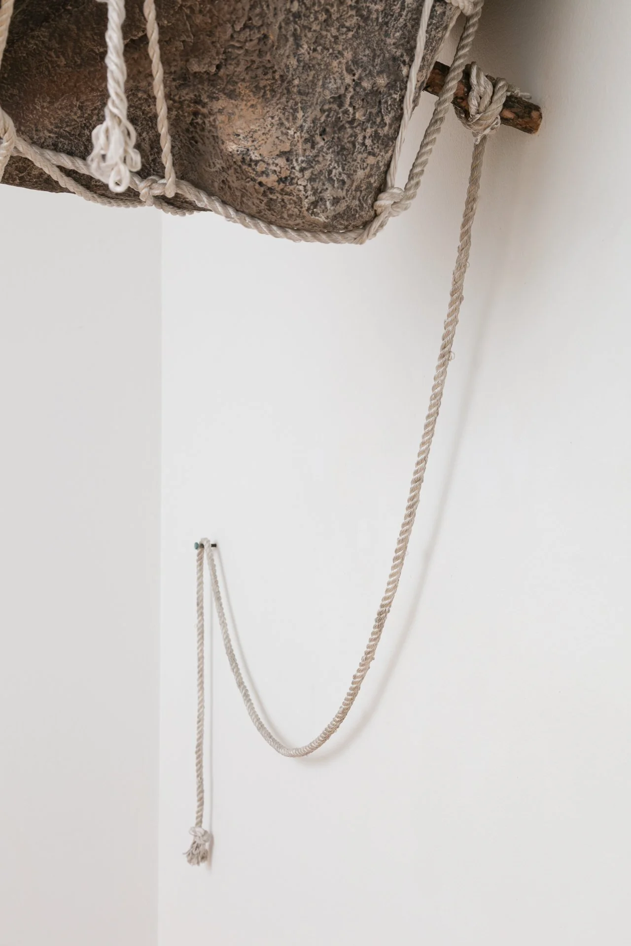 Enduring Gravity (installation detail) paper mâché, rope, wood, hardware, graphite on paper Dimensions variable 2025