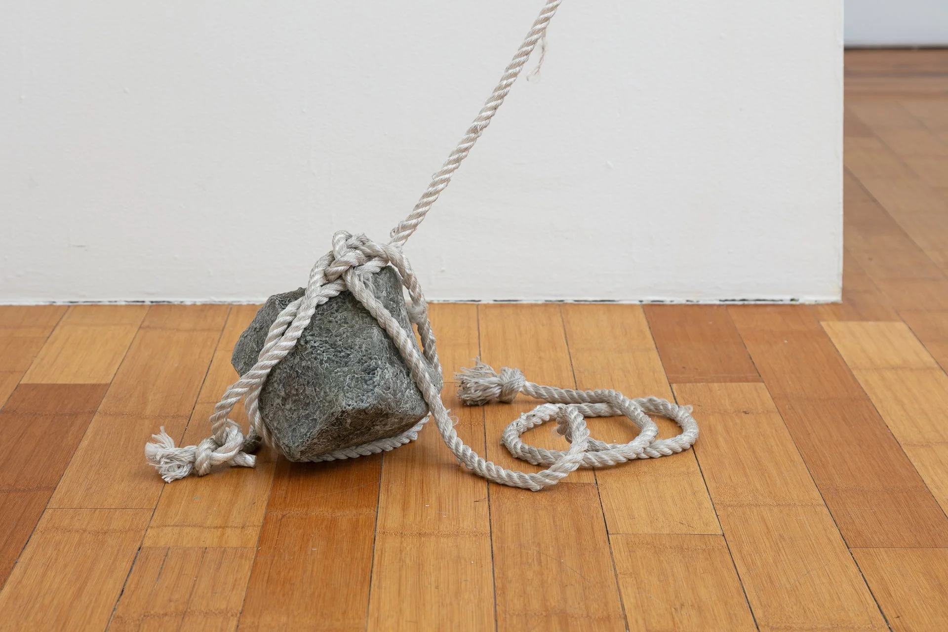 Enduring Gravity (installation detail) paper mâché, rope, wood, hardware, graphite on paper Dimensions variable 2025