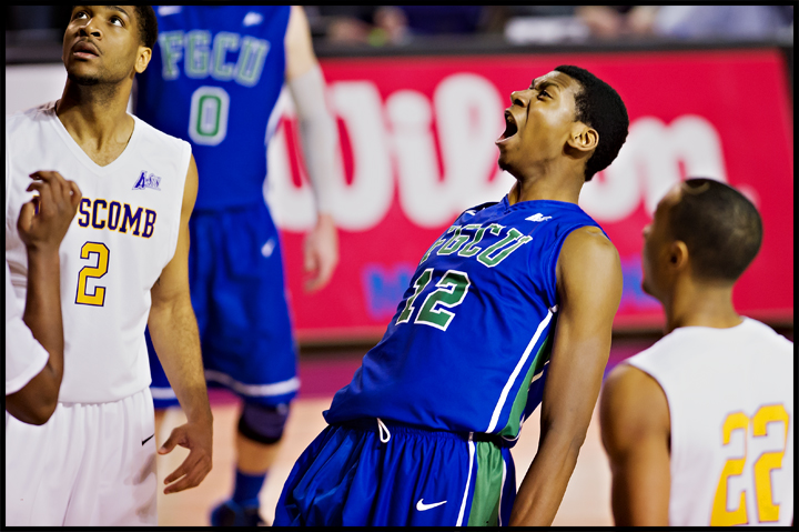 Florida Gulf Coast University's Eric McKnight reacts after scoring and drawing the foul against Lipscomb University during their game at Lipscomb in Nashville, TN on Thursday, February 27, 2014. The points wouldn't help FGCU though who went on to lo