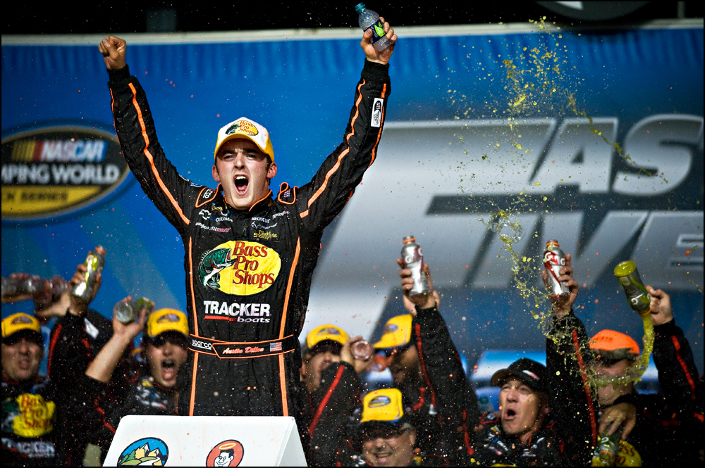  Austin Dillon, driver of the Bass Pro Shop Chevrolet celebrates with his crew after winning the NASCAR Camping World Truck Series at Chicagoland Speedway in Joliet, Ill on Friday, September 16, 2011. | Brian Powers~Sun-Times Media 