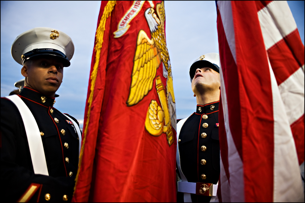  Marine Color Guards Sgt. Javier Sandoval, right, of Chicago and Sgt. Juan Sanchez, left, of Chicago, hold the colors before presenting them at the NASCAR Camping World Truck Series at Chicagoland Speedway in Joliet, Ill on Friday, September 16, 2011