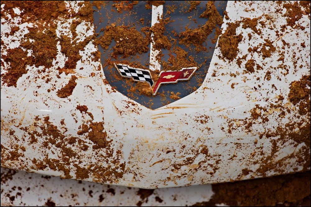 Mud covers the hood of the 2009 Z51 Corvette, the 1,500,000 Corvette made, on Tuesday, June 24, 2014. The Corvette was pulled out of the sinkhole that opened up in February at the National Corvette Museum in Bowling Green, KY.
Photo by Brian Powers