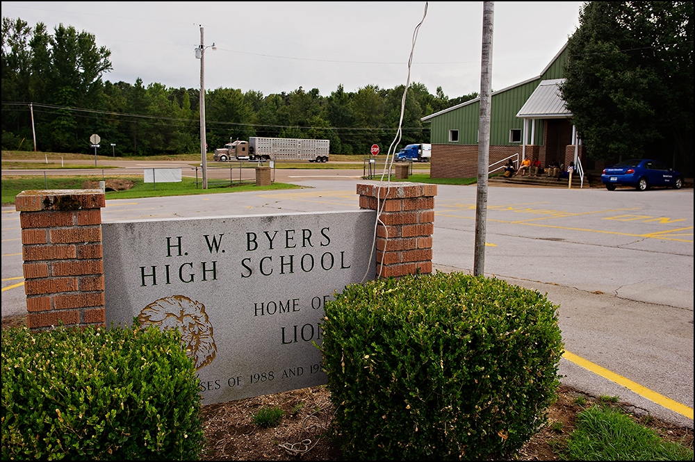 The sign in front of H.W. Byers High School welcomes visitors to the school in Holly Springs, Miss. on Monday, August 11, 2014. Photos by Brian Powers