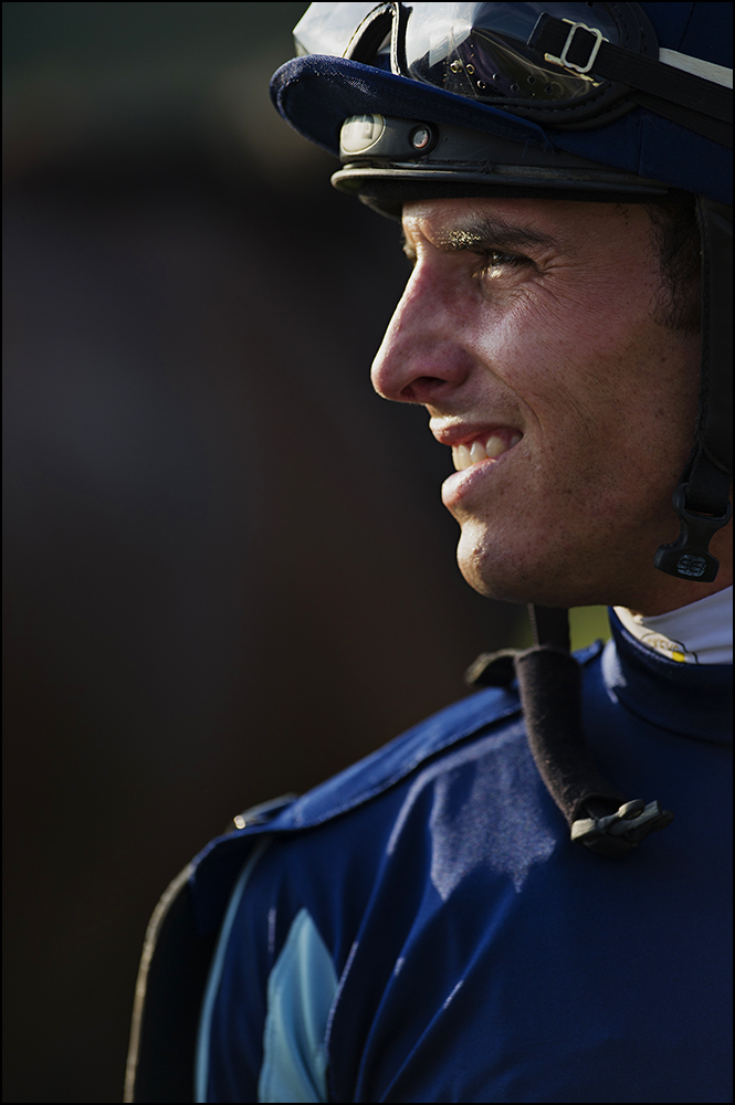  Jockey Chris Landeros, 26, from California, walks off the track after riding Cat With a Twist to a fifth place finish at Kentucky Downs race track in Franklin, Ky. on Wednesday, September 10, 2014. By Brian Powers, Special to the CJ, 09/08/2014 