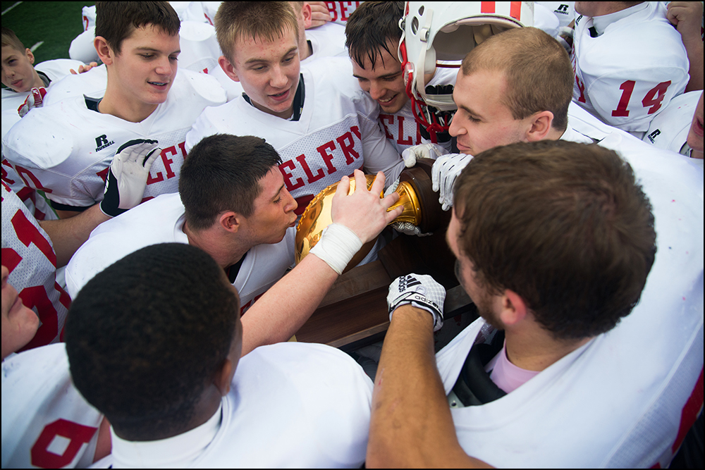  Belfry celebrates its 14-7 victory over Central High School during the KHSAA Commonwealth Gridiron Bowl championships at Western Kentucky University on Friday, December 5, 2014. Photo by Brian Powers 