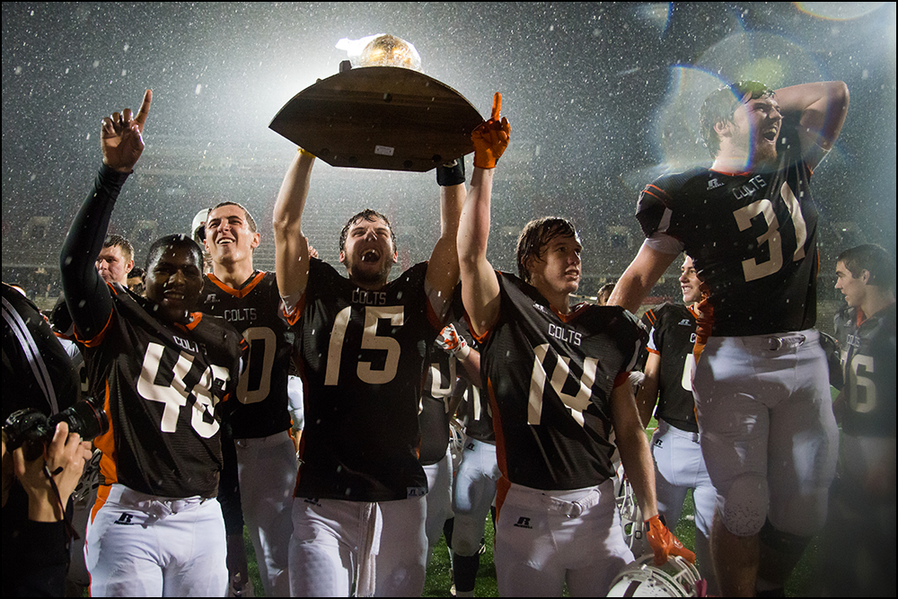  Desales celebrates their 26-0 victory over Newport Central Catholic to win their second KHSAA Commonwealth Gridiron Bowl in a row at Western Kentucky University on Friday, December 5, 2014. Photo by Brian Powers 