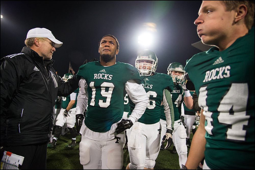  Trinity's Donald Brooks (19) looks up at the scoreboard after the Shamrocks defeated Dixie Heights 47-14 during their KHSAA Commonwealth Gridiron Bowl game at Western Kentucky University in Bowling Green, KY on Saturday, December 6, 2014. Photo by B