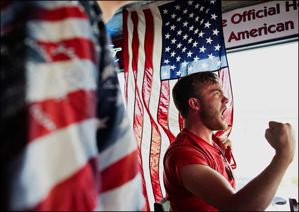  Zach Younglove, 22 of McMinnville, TN cheers for Team USA at Hilligans Sports bar in Bowling Green during their World Cup match against Belgium on Tuesday, July 1, 2014. Belgium would go on to win in extra time 2-1. Photos by Brian Powers 