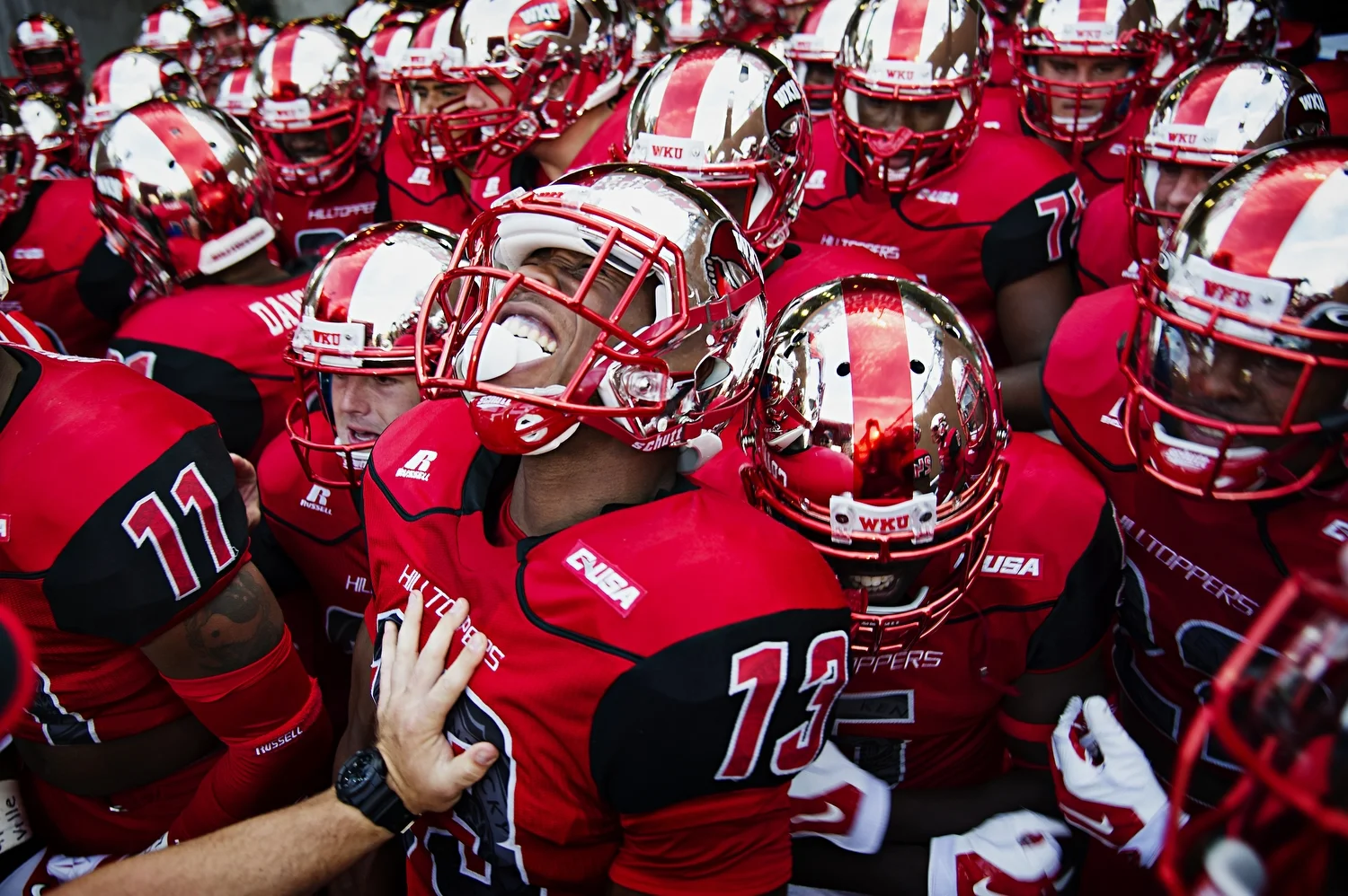  Aug 29, 2014; Bowling Green, KY, USA; Western Kentucky Hilltoppers Antwane Grant gets ready to take the field with the rest of the Hilltoppers team at Houchens Industries-L.T. Smith Stadium. Western Kentucky would go on to defeat the Bowling Green F