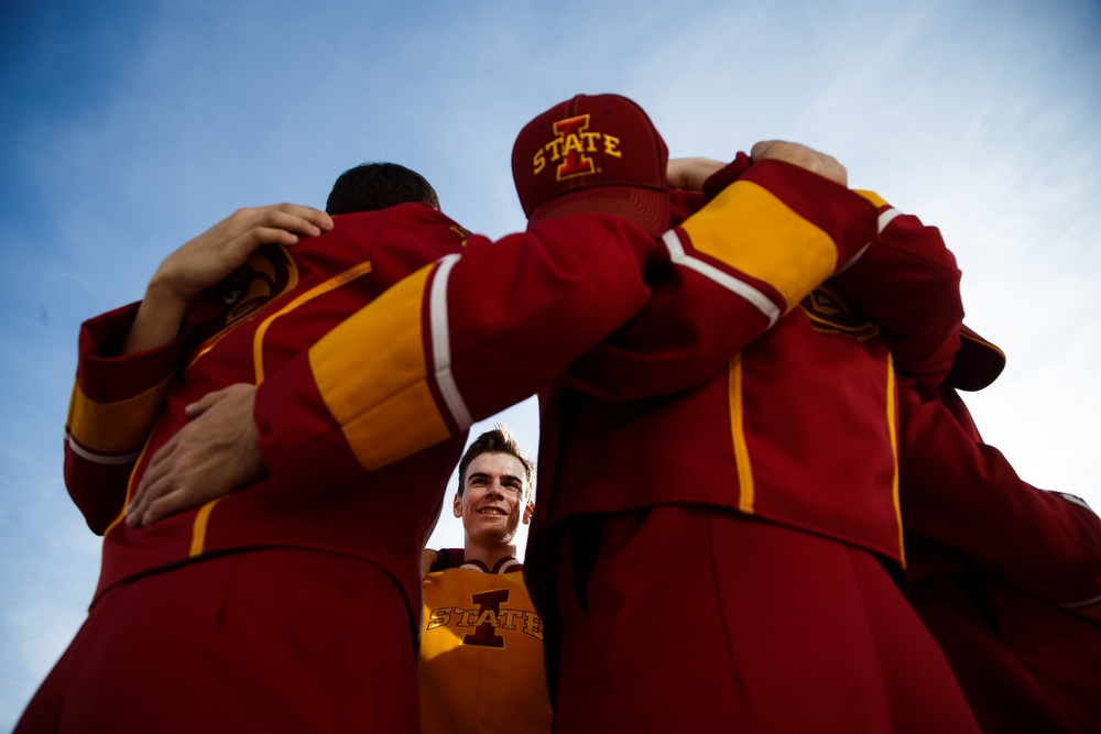  Iowa States Tenor Line, including Jeremy Rutledge, center, huddle before ISU takes on Oklahoma State during their game at Jack Trice Stadium on Saturday, November 14, 2015 in Ames. 