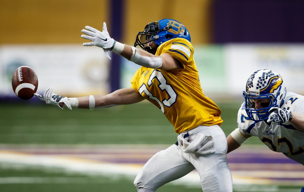  Don Bosco's Joel Sweeny can't catch a pass during their state championship game against Marcus-Meriden- Cleghorn at the UNI-Dome in Cedar Falls on Thursday, November 19, 2015 in Cedar Falls.
 