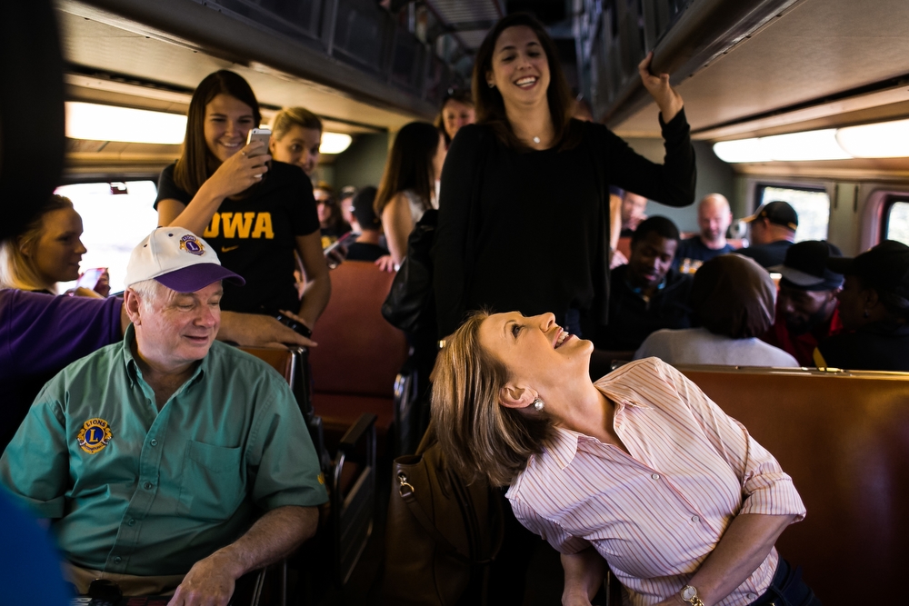  Republican Presidential hopeful Carly Fiorina  rides the Hawkeye Express train to tailgate before the Hawkeyes game against North Texas on Saturday, September 26, 2015. 