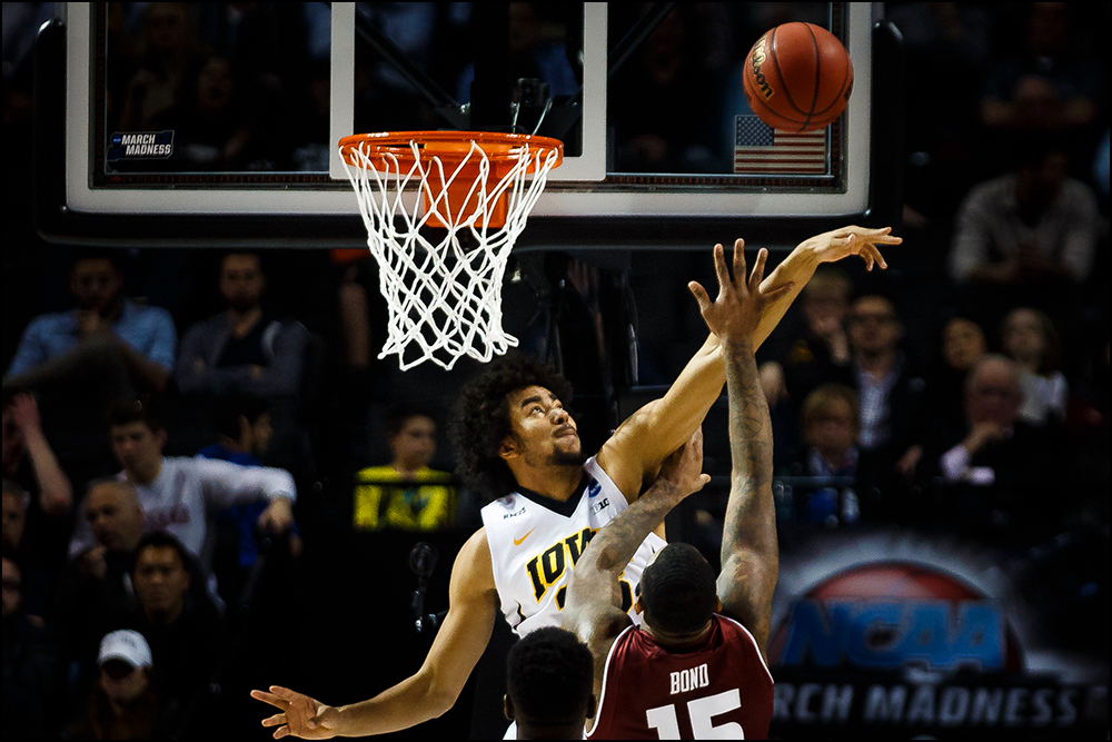  Iowa’s Dom Uhl (25) blocks a shot during their first round NCAA championship game on Friday, March 18, 2016 in New York City,New York. 