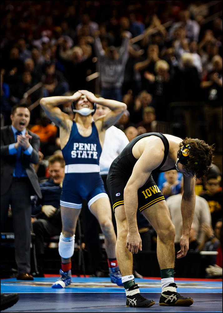  Iowa's Thomas Gilman wrestles Penn State's Nico Megaludis at the NCAA wrestling championships in New York City on Saturday, March 19, 2015. Megaludis would go on to win the bout 6-3. 