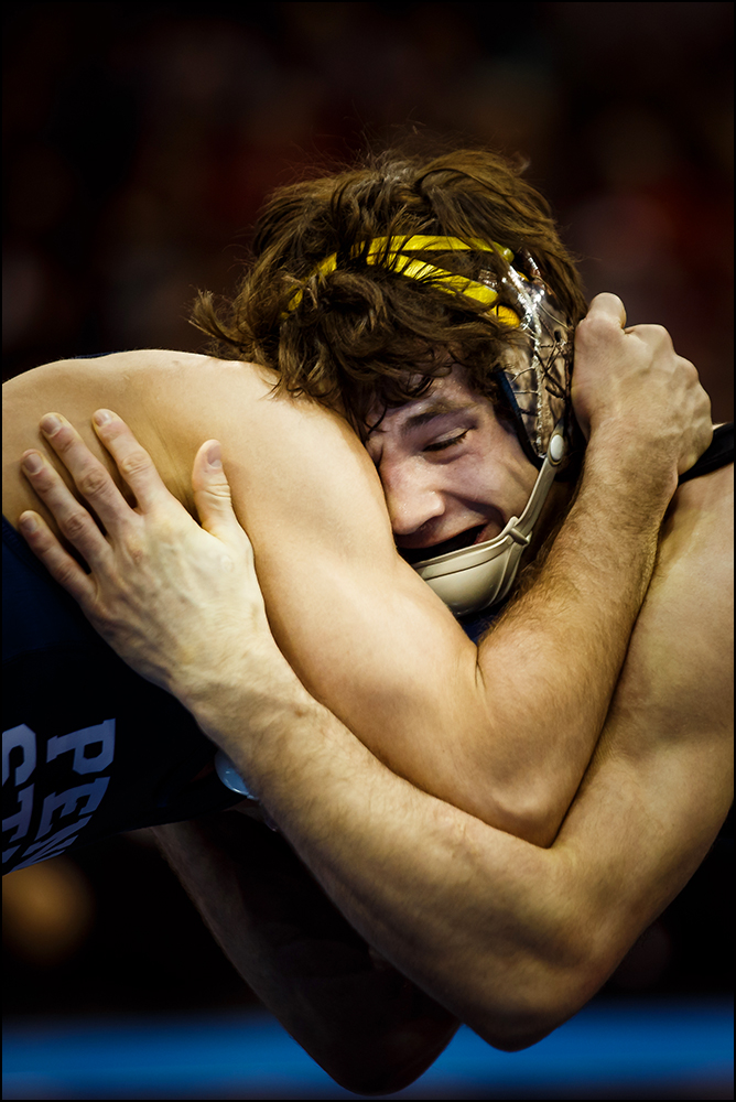  Iowa's Thomas Gilman wrestles Penn State's Nico Megaludis at the NCAA wrestling championships in New York City on Saturday, March 19, 2015. Megaludis would go on to win the bout 6-3. 