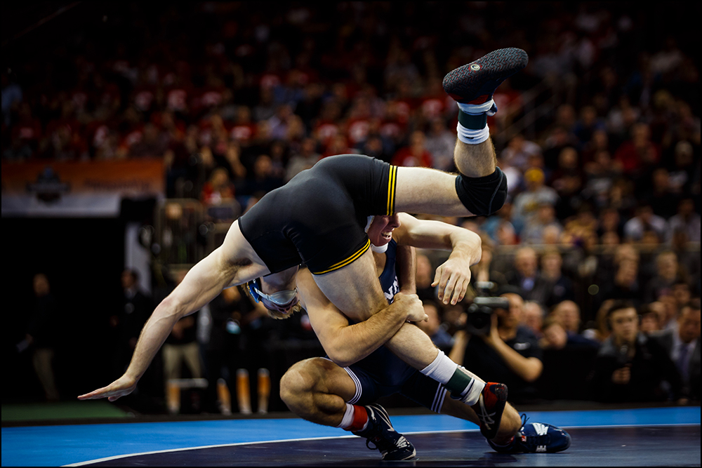  Iowa’s Brandon Sorensen wrestles Penn State's Zain Retherford during their NCAA championship bout on Saturday, March 19, 2016 in New York City, New York. Retherford would go on to win 10-1. 