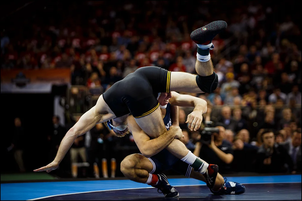Iowa’s Brandon Sorensen wrestles Penn State's Zain Retherford during their NCAA championship bout on Saturday, March 19, 2016 in New York City, New York. Retherford would go on to win 10-1.