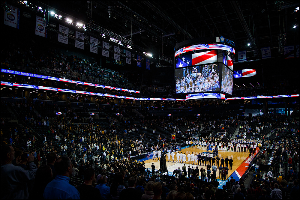 Iowa and Villanova line up for the national anthem before their second round NCAA Basketball Championship game against on Sunday, March 20, 2016 in New York City, New York. Villanova would go on to win 87-68. 