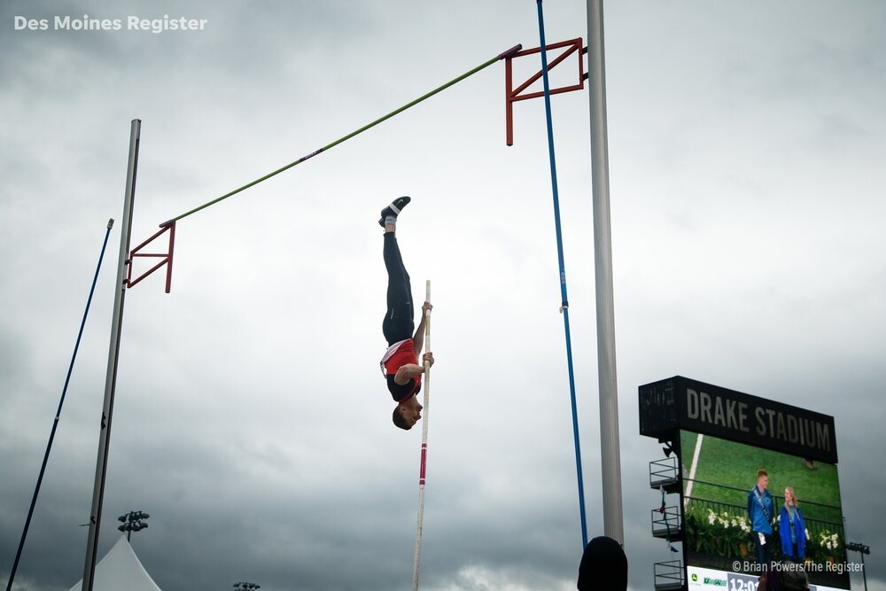  Central Missouri's Vincent Hobie clears the bar during the Pole Vault at the 2019 Drake Relays on Saturday, April 27, 2019, in Des Moines. Hobie would go on to win the event. 