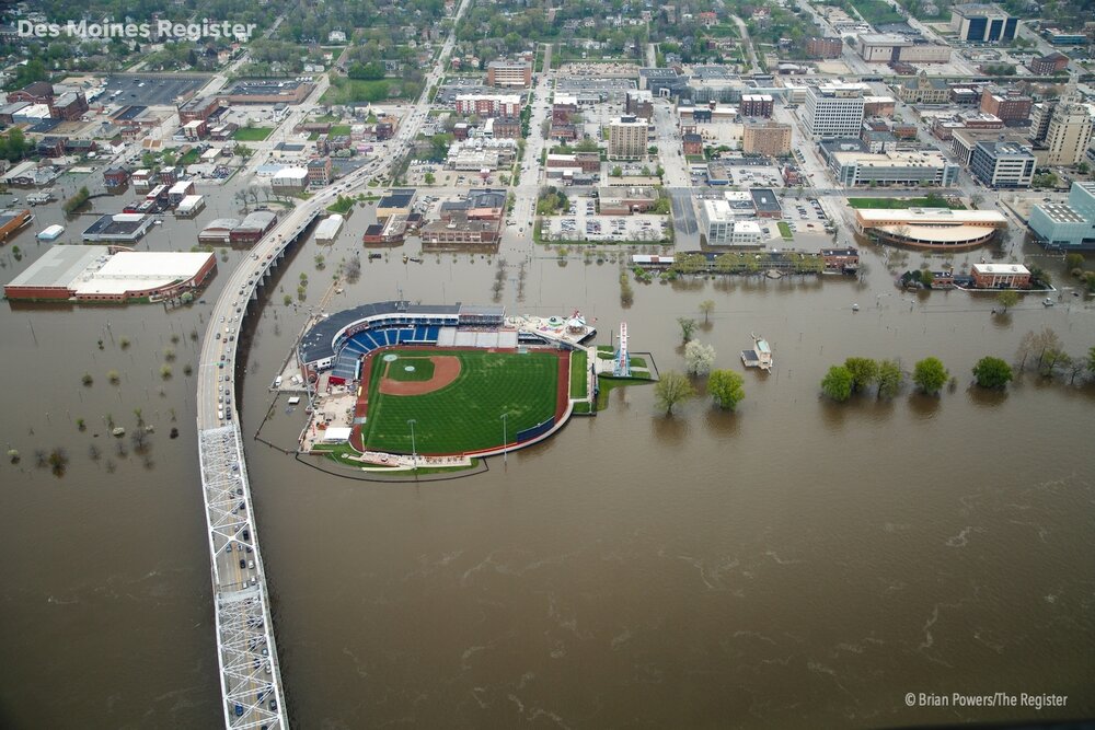  Downtown Davenport is seen from the air as flood waters continue flow into Downtown Davenport on Wednesday, May 1, 2019. A flood wall broke on Tuesday sending water to near record levels with little to no warning. 