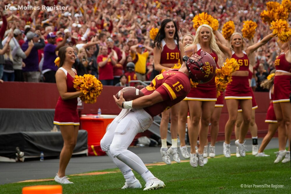  Iowa State quarterback Brock Purdy (So.) (15) celebrates after scoring a touchdown at the end of regulation that was called back for holding during their season opening game at Jack Trice Stadium on Saturday, Aug. 31, 2019 in Ames. Iowa State would 
