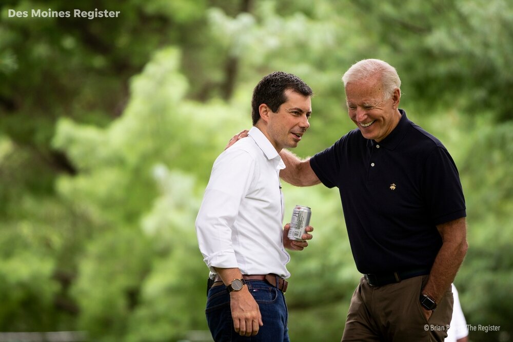  South Bend Indiana Mayor and 2020 Democratic presidential candidate Pete Buttigieg and Former Vice-President and 2020 Democratic presidential candidate Joe Biden talk before speaking during the Polk County Democrats Steak Fry in Water Works Park on 
