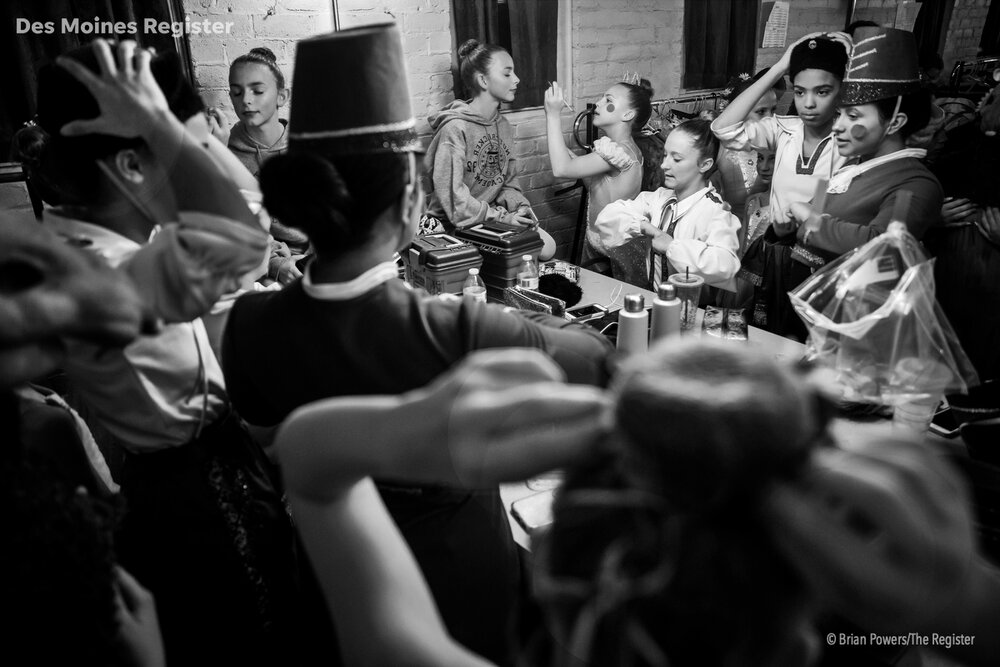  Ballet Des Moines dancers get ready before their first performance of The Nutcracker at Hoyt Sherman Place on Friday, Dec. 13, 2019, in Des Moines. 