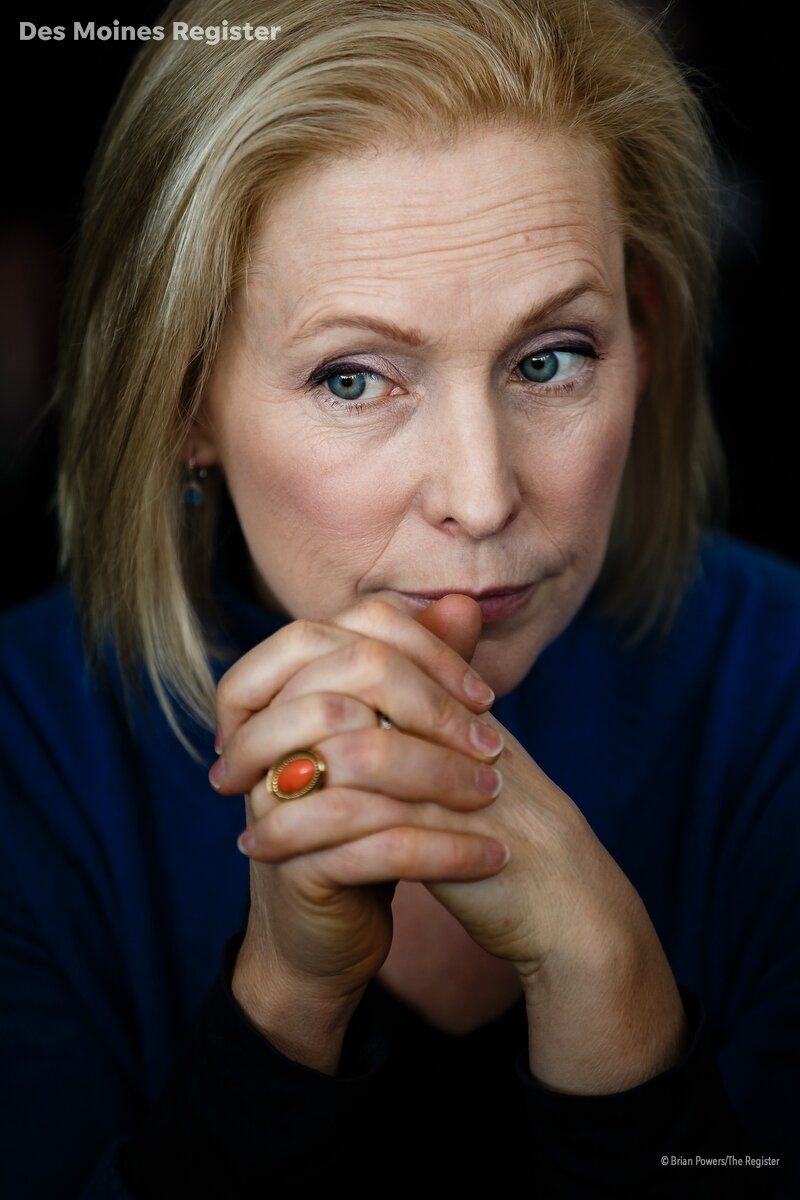  During a walking tour of the East Village, Sen. Kirsten Gillibrand of New York stops at Scenic Route bakery to talk to voters on Saturday, Jan. 19, 2019, in Des Moines.  