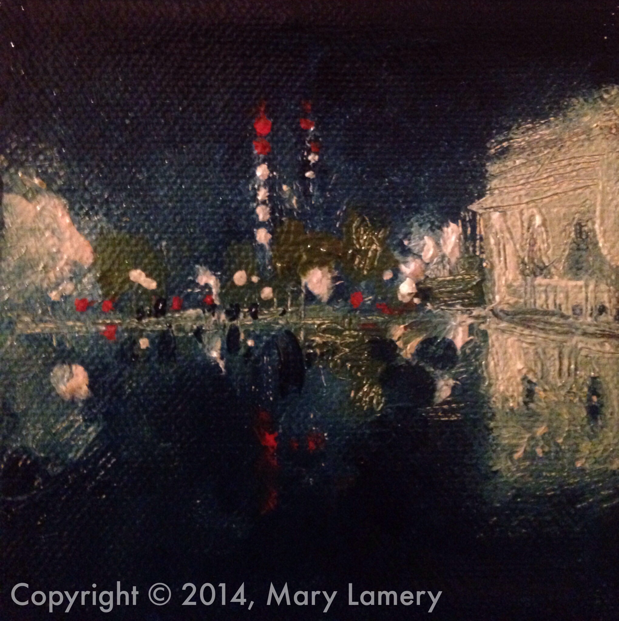 Reflection Pool, Cal Anderson Park. 4"x4". Oil on Canvas. 2014. Day 16. September 16, 2014 "This sweet painting portrays the romance and mystery that is Seattle at night. It is at once sparkling and energetic, moody and reflective. My parents were young newlyweds in the mid-fifties living downtown --mother a nurse at Virginia-Mason, father a radioman for the Coast Guard. They often spoke about their long walks together at night. I can't say for certain that they ever wandered into this portion of the city, but oh, how I love to imagine them there, strolling hand in hand on a late summer evening."