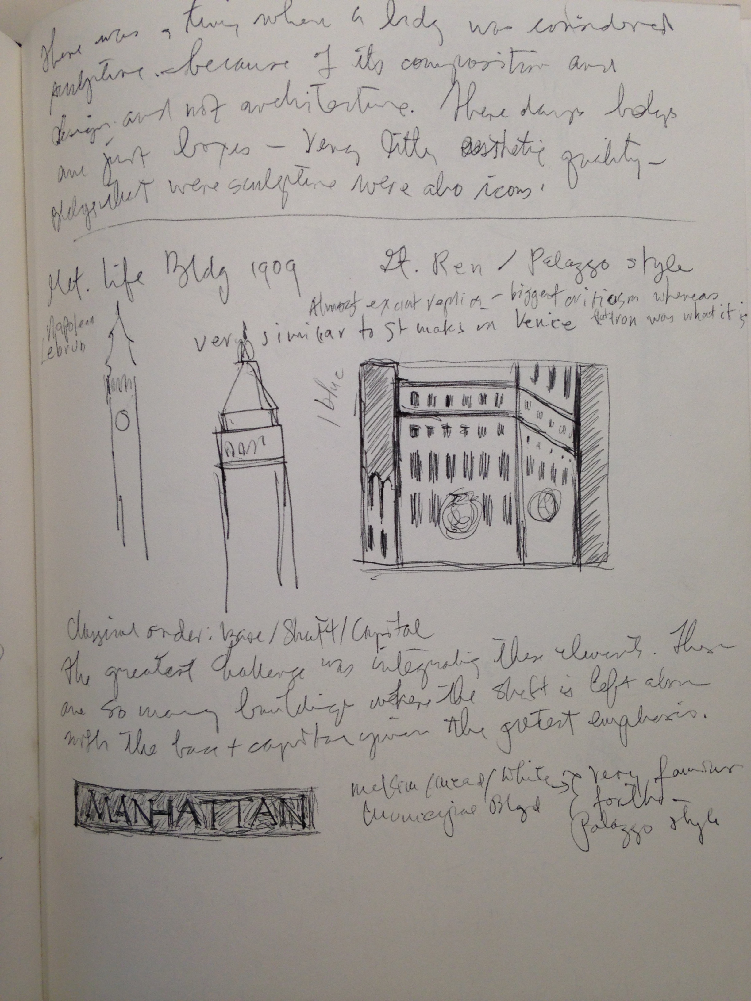 Notes/drawings from class, "Architecture of New York." November 1990.