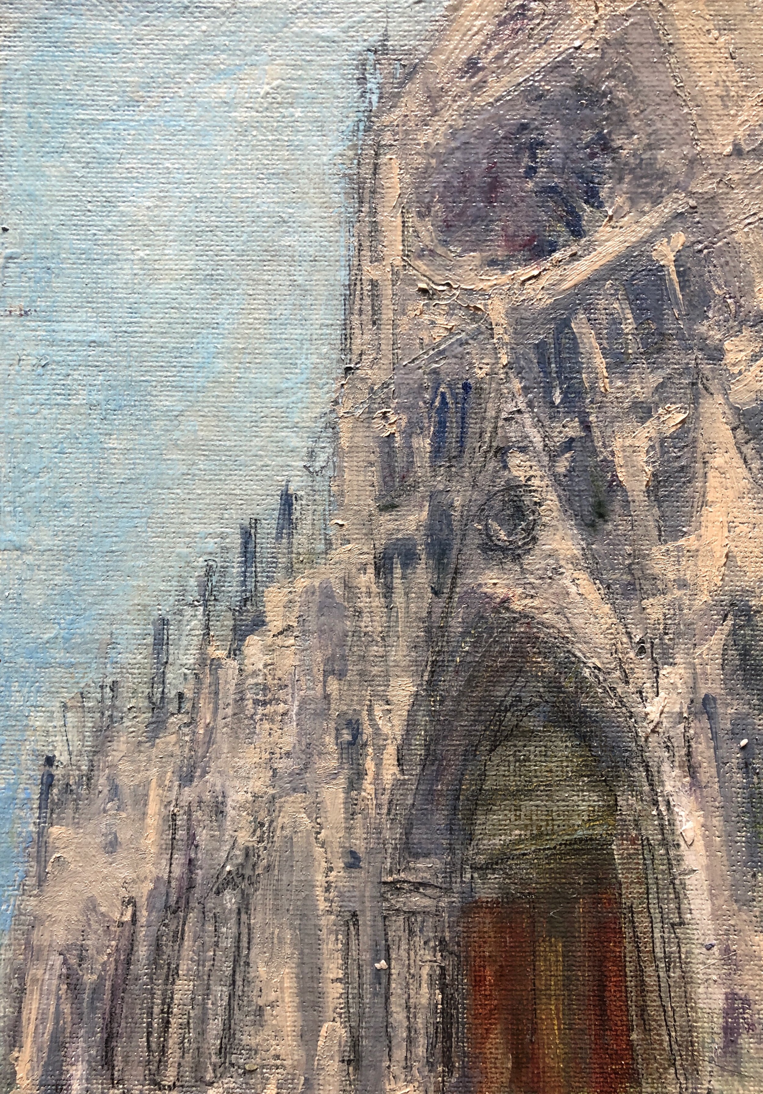 View of Notre-Dame Cathedral from the front entrance. Oil on Canvas, 5x7.” Work in progress. Image from my visit in June 2019.