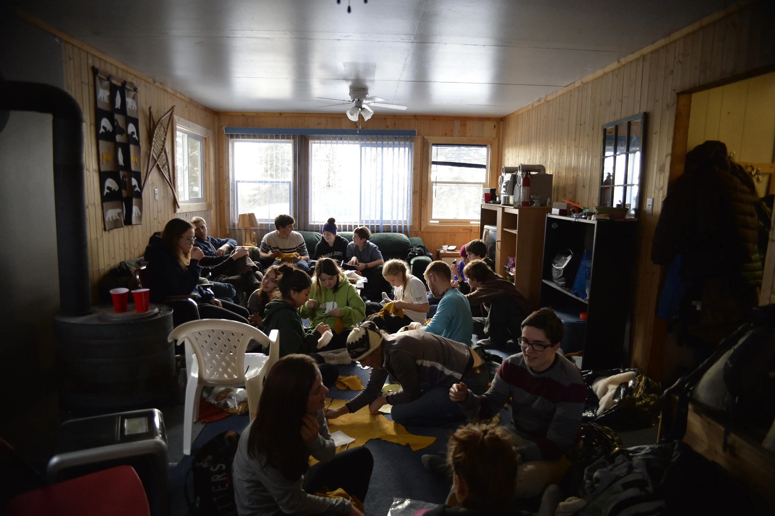 Sewing mitts at Jill's cabin