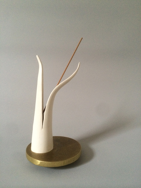 incense holder a reflection on smoke in a solid form. glazed stoneware and brass. 