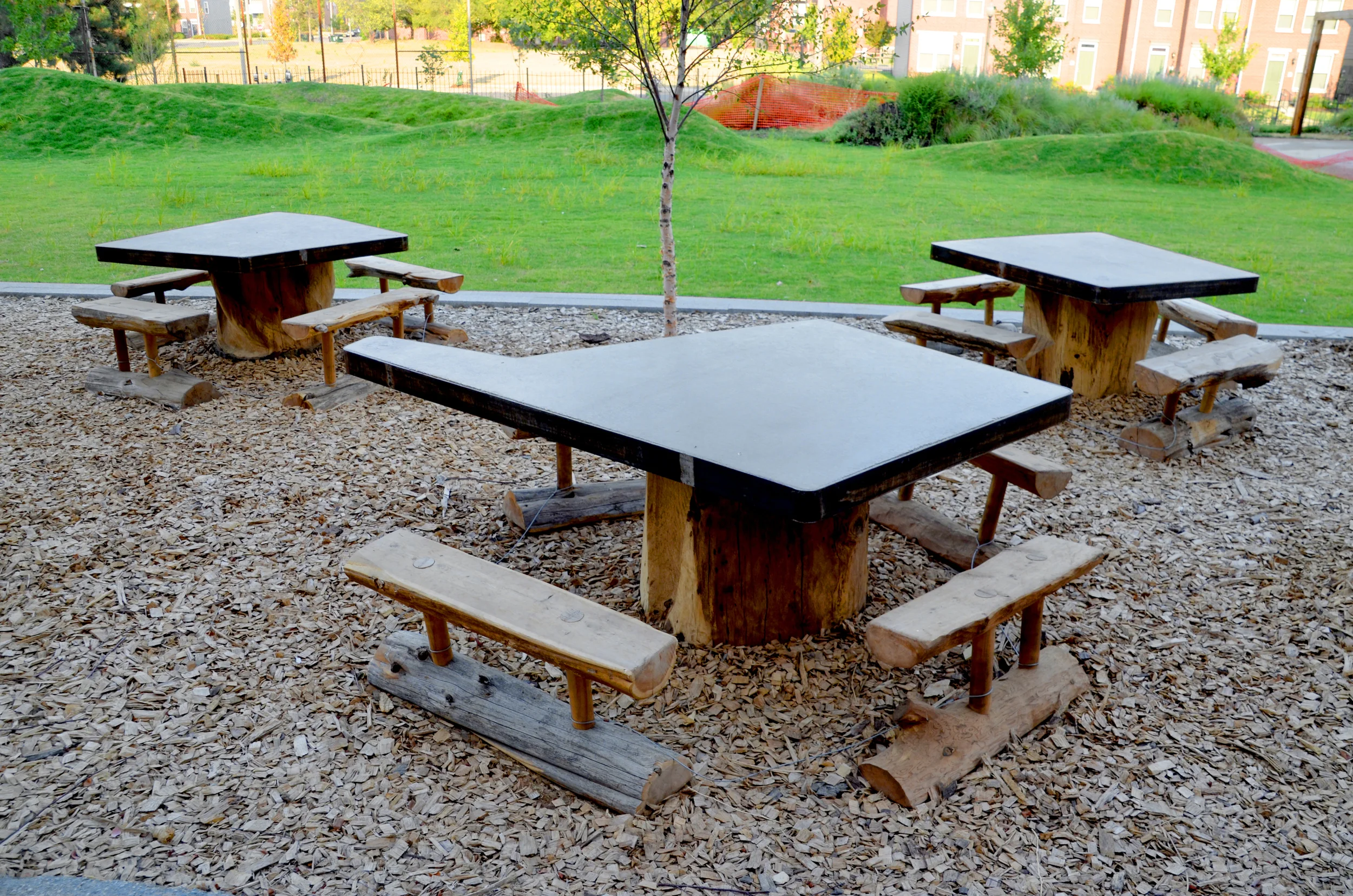 phs tables, benches_concrete, steel, salvaged wood